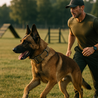 Berger allemand en promenade aux côtés de son maître, portant le collier chien DogOps collar™