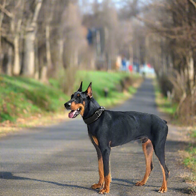 Doberman marchant sur un sentier en portant le collier chien DogOpscollar™ kaki