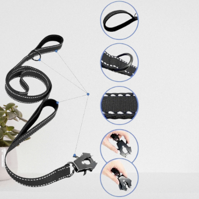 caracteristque de la Laisse pour chien LeashFrog™ – version noire avec coutures réfléchissantes