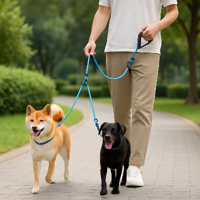 Deux chiens attachés a la Laisse pour chien TriLeash™ bleue