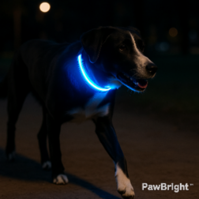 Chien noir équipé d’un collier lumineux pour chien bleu PawBright™, éclat vif dans l’obscurité