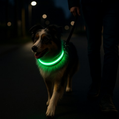 Chien en promenade de nuit avec collier lumineux pour chien LED vert PawBright™, lumière éclatante visible à distance