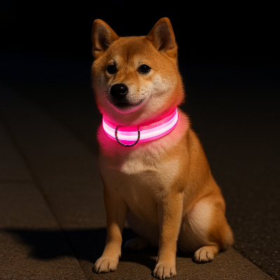 Petit chien assis la nuit avec collier lumineux pour chien rose PawBright™, lumière douce et visible