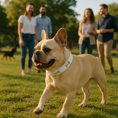 Chien beige type bulldog portant le collier chien Rivet’Os™ dans un parc, avec son maître en arrière-plan
