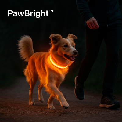 Chien en balade nocturne avec son maître portant un collier  lumineux pour chien LED orange PawBright™, très lumineux