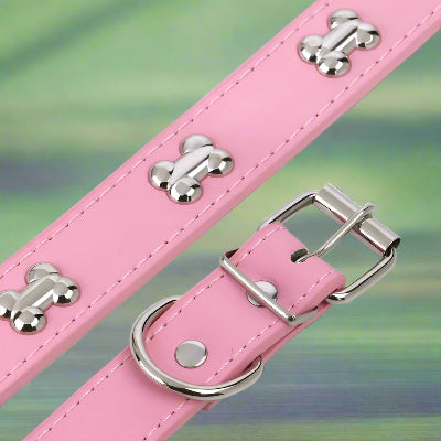 Présentation du collier chien Rivet’Os™ rose en packaging – détails visibles des motifs os