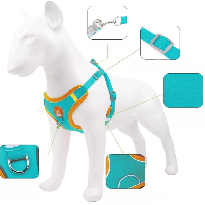 Schéma explicatif du harnais anti-traction VisioDog pour chien blanc avec bulles d’informations sur confort, sécurité et réglages